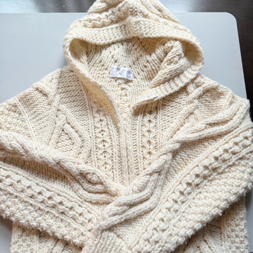 HandKnit Fisherman Cable Knit Wool Hoodied Zip Cardigan Sweater White M / OS - Picture 3 of 7
